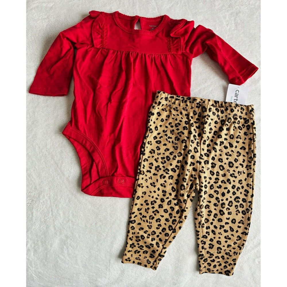 Carter's Baby Girls Red Ruffle Long Sleeve Bodysuit & Leopard Pants Set
